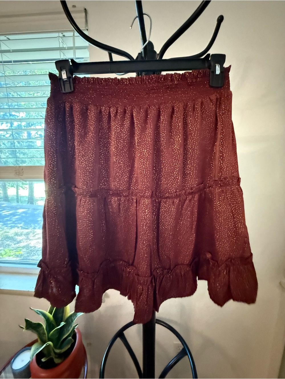 Blu Pepper Rust Metallic Tiered Midi Skirt Smocked Waist Boho